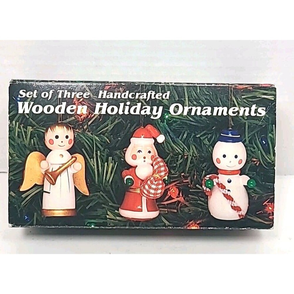 Vtg Handcrafted Wood Christmas Ornaments Set Of 3 1987 W/box